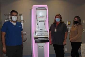 Dr. Almalki, Medical Director, Diagnostic Imaging; Lynn Harris, Senior Medical Radiation Technologist; and Deirdre Shipley, Director, Diagnostic Imaging with new mammography equipment installed at Bluewater Health.
(Photo courtesy of Bluewater Health)