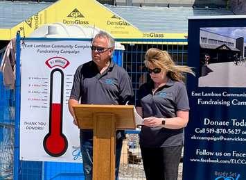East Lambton Community Complex Fundraising Committee campaign co-chairs George and Rhonda Noll celebrate reaching $1.1 million of $2 million goal. May 16, 2022. Photo courtesy of the Township of Warwick