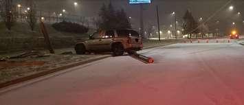 A vehicle that struck and snapped a hydro pole on Venetian Boulevard in Point Edward. 13 January 2020. (Photo by Lambton OPP)