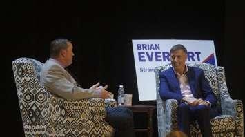 Maxime Bernier (right) and Brian Everaert (left) at Sarnia Library Theatre. October 1, 2019. (BlackburnNews.com photo by Colin Gowdy)