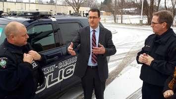 Lambton-Kent-Middlesex MPP Monte McNaughton (centre) speaking with Cst. Mark Thuss (left) and Deputy Chief Paul Landers (right) of the Strathroy-Caradoc Police Service. January 18, 2019. (Photo by Colin Gowdy, BlackburnNews)