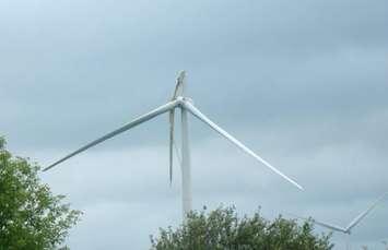 Grand Bend area wind turbine reportedly damaged by severe thunderstorms Aug. 2, 2015 (submitted photo)