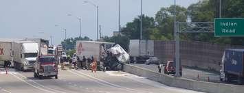 Tractor trailer collision on Hwy. 402 in Sarnia. August 20, 2019. (BlackburnNews photo by Colin Gowdy)