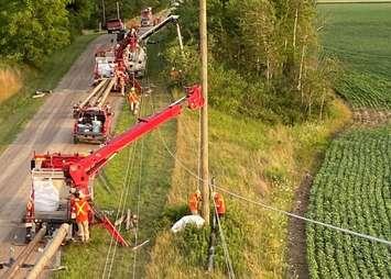 Bluewater Power helps Hydro One restore power in Alvinston. July 19. 2020. (Photo courtesy of Bluewater Power via Twitter.)