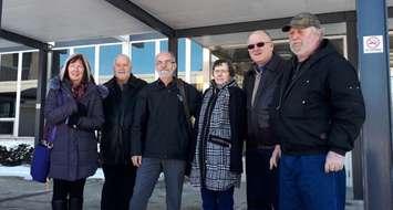 (From left to right) Dianne Russell, Jordy Speake, John Russell, Gayle MacGregor, Doug Bonesteel, and Scott MacGregor outside the Sarnia courthouse. February 28, 2019. (Photo by Colin Gowdy, BlackburnNews)