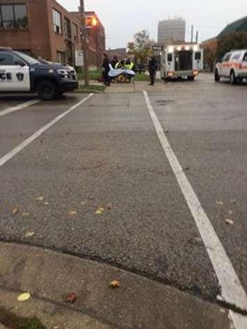 Police and emergency personnel at the scene of a stabbing at Brock and Lochiel Streets. Photo courtesy of Joshua Gravelle via facebook. 
