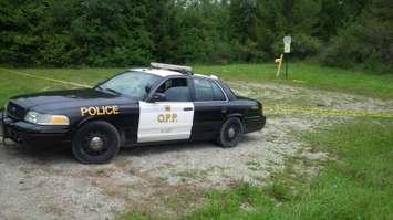 OPP Cruiser sits outside a marked off scene near Clinton. (File photo by Bob Montgomery)