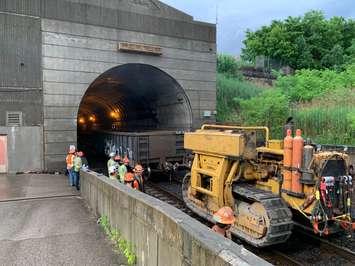 Removal of damaged rail cars underway at Port Huron end of St. Clair Tunnel (Photo courtesy of James Freed via Twitter)