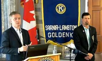 Lambton County CAO Stéphane Thiffeault and Warden Kevin Marriot during a Golden K Kiwanis Club meeting in Sarnia. 30 May 2023. 
