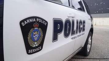 The side of a Sarnia Police cruiser. 6 April 2023. (Photo by SarniaNewsToday.ca)