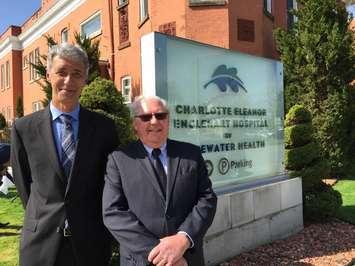 Bluewater Health President and CEO Mike Lapaine (left) and Petrolia Mayor John McCharles announce $7.5-million grant for CEE Hospital.  April 26, 2017 BlackburnNews.com photo by Melanie Irwin.