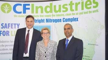 General Manager Robb Aultman (left), Premier Kathleen Wynne (middle), and VP of Site Operations  Ashraf Malik (right) announce CF Industries expansion. June 18, 2015. (photo by Jake Jeffrey blackburnnews.com)