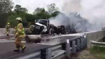 Photo of crash on Hwy. 402 on Thursday, May 26 from OPP.