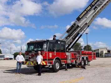 New aerial tower truck arrives in Sarnia July 21, 2021. Photo courtesy of Sarnia Fire and Rescue via Facebook. 