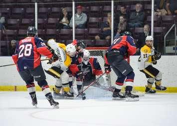 Jacob Perreault has a chance on net against Windsor - Sept. 14/18 (Photo by Metcalfe Photography)