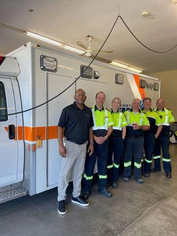 Photo (left to right): Andrew Taylor, General Manager, Public Health Services; Stephen Turner, Manager, Lambton County Emergency Medical Services; Paramedics Rebecca Vandonkersgoed, Derek Myers, Steve Adlington, and Steve Robinson. (Photo courtesy of County of Lambton)