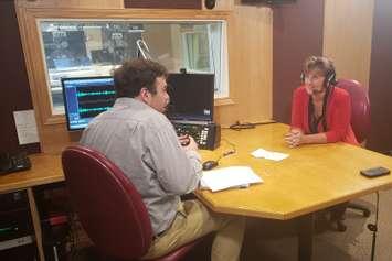 Federal Agriculture Minister Marie-Claude Bibeau (right) discusses agriculture with CKNX's Adam Bell. (Photo by Steve Sabourin)