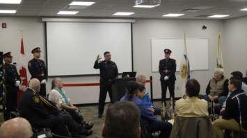 Sarnia Police Constable Shawn Osborne, the chief instructor at the new Sarnia Police Tactical and Academic Training Centre, thanks community members for helping to make his dream a reality at the official opening. January 16, 2020 Photo by Melanie Irwin