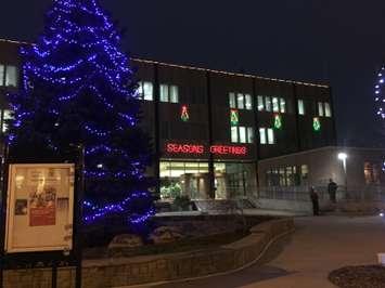 Sarnia City Hall lit up for holiday season at night. (BlackburnNews.com file photo by Briana Carnegie)