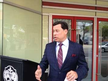 Economic Development and Infrastructure Minister Brad Duguid makes announcement outside Imperial Theatre for Ontario accessibility certification program. May 29, 2015 (BlackburnNews.com Photo by Briana Carnegie).