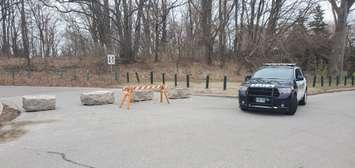 Armour stone placed at Canatara Park by city to restrict access to foot traffic only Mar. 31.2020. (Photo courtesy of Sarnia Police)
