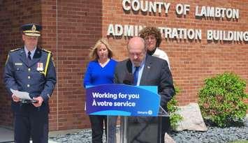Associate Minister of Mental Health and Addictions Michael Tibollo announces investment for a new mobile crisis response team in Lambton County. May 8, 2024. (Photo by Josh Boyce) 
