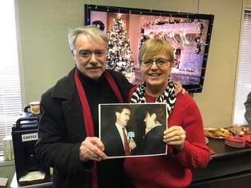Mayor Mike Bradley and Lee Michaels holding a picture of the two of them from municipal election night in 1988. December 18, 2018. (Photo my Melanie Irwin, BlackburnNews)