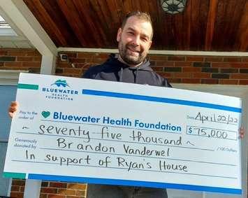 Elite Property Group's Brandon Vanderwel provides Bluewater Health Foundation with a $75,000 donation for Ryan's House. 12 May 2022.  (Photo by Bluewater Health Foundation)