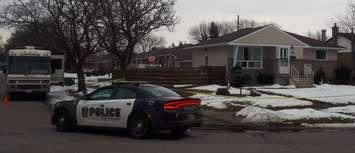 Sarnia police tape off a home on Elsfield Crescent. 24 February 2021. (BlackburnNews.com photo by Colin Gowdy)