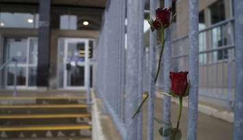 Roses at displayed near the steps of Sarnia City Hall in memory of the 14 women that killed at Ecole Polytechnique in Montreal. December 6, 2018. (Photo by Colin Gowdy, BlackburnNews)