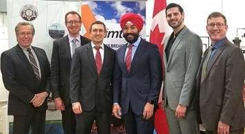 Sarnia-Lambton Economic Partnership CEO, Stephen Thompson, and Senior Economic Development Officer,
Matthew Slotwinski, pose for a photo with President of Imtex, Karlis Vasarais, and Minister of Innovation, Science,
and Economic Development, Navdeep Bains, at the Imtex Headquarters in Mississauga. Feb. 1, 2019. Pictured (left-to-right) are: Wayne Maddever (Bioindustrial Innovation Canada), Stephen Thompson, Karlis
Vasarais, Minister Bains, Matthew Slotwinski, and Tim Knapp. Submitted photo.