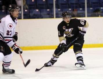 Brendan Harrogate in action for LaSalle Vipers during 2015 playoff game vs. Sarnia Legionnaires (Photo courtesy Kelsey Vermeersch of LaSalleVipers.com)