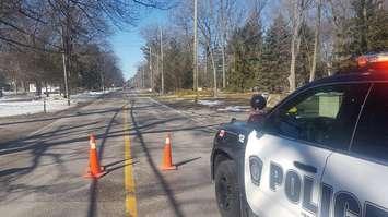 A section of Lakeshore Rd. being blocked off as police investigate an early morning collision. March 18, 2018. (Photo from the Sarnia Police Service twitter page)