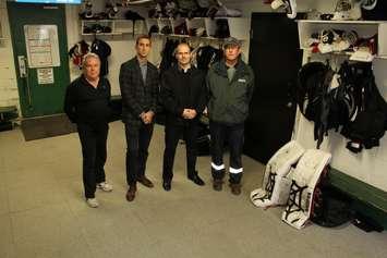 (Left-Right): Petrolia Squires Trainer Ron Goodacre, sofSURFACES Automation and Controls Technician Seth Prins, sofSURFACES Director of Marketing Chris Chartrand and Greenwood Rec. Centre Manager Doug Vasey. Submitted photo.