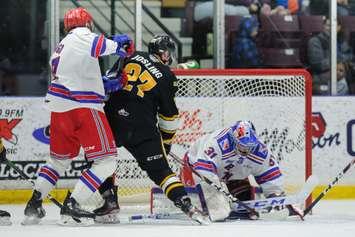 Sean Josling takes a shot against Kitchener - Feb 9/20 (Photo by Metcalfe Photography)