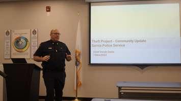 Sarnia Police Chief Derek Davis discussing street-level enforcement projects. November 15, 2022. (Photo by Natalia Vega)