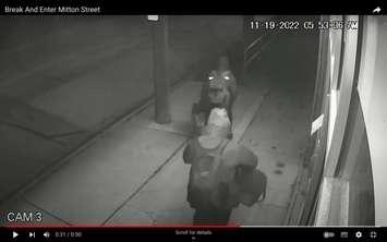 A pair of suspects seen after a reported break and enter at a business on Mitton St. S. November 19, 2022. Capture via footage supplied by Sarnia Police Service. 