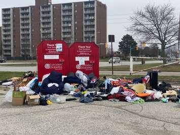 Diabetes Canada donations pile up at a drop off location at Finch Drive and Wellington Street in Sarnia. April 7, 2020 Photo by Melanie Irwin.