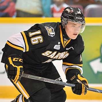 Davis Brown scored his 20th goal in the Sting's final regular season game Mar. 22, 2015 (Photo courtesy of OHL Images)