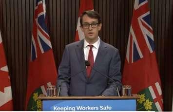 Monte McNaughton announces plan to licence temporary help agencies and recruiters. October 18, 2021 Image courtesy of live video on Twitter. 