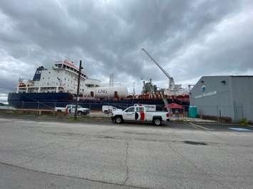 Belfor Property Restoration vehicles parked outside the Damia Desgagnes tanker at Sarnia Harbour. October 2, 2020. (BlackburnNews.com photo by Melanie Irwin)