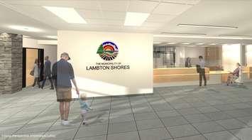 An artist rendering of the entry for the new Lambton Shores administration building. Image by Skinner Architects. Handout.