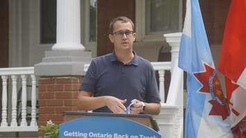 Monte McNaughton, the MPP for Lambton-Kent-Middlesex and the Minister of Labour, Training and Skills Development, makes an announcement in Watford. 14 August 2020. (BlackburnNews.com photo by Colin Gowdy)