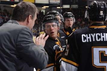 Sting Assistant Coach Jeff Barratt talks to Sting players during a time out. Photo by Metcalfe Photography)