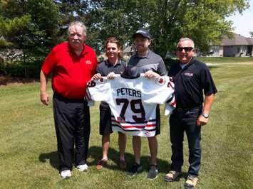 Tyler Peters with  his number 79 sweater, which will be retired by the Sarnia Legionnaires. (photo by Josh Boyce)