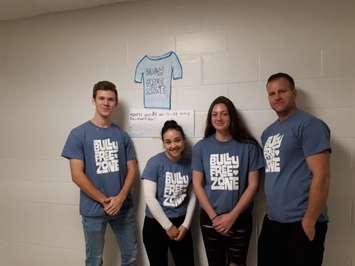 (From left to right) Taylor Robinson, Samantha Wiltschut, Makayla Riley, and Bradon Burnham taking part in the anti- bullying campaign at Great Lakes Secondary School in Sarnia. November 2019. (BlackburnNews.com file photo by Colin Gowdy)