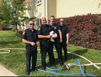 Sarnia Fire and Rescue Services Engine 1 crew members Troy Hewton, Captain Todd MacDonald, Mark Lablance and Ben Lauwers save a kitten from a sewer. October 19, 2017 (Photo courtesy of @SarniaFire Twitter) 