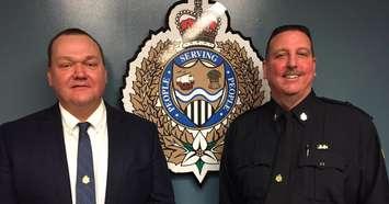 The Sarnia Police Services Board is promoting two inspectors. Norm Hansen (left) will become chief and Owen Lockhart (right) will become deputy chief. February 2, 2018 (Photo by Melanie Irwin)