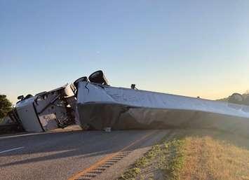Police respond to a tractor trailer rollover in the eastbound lanes of Highway 402, July 13, 2020. (Photo courtesy of the OPP)