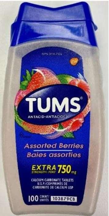 Two lots of TUMS Assorted Berries Extra Strength tablets have been recalled. (Image via Health Canada)